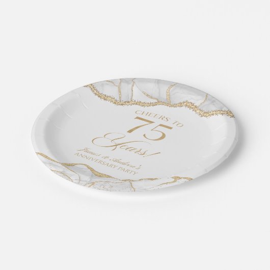 白エレガント金ゴールドアガテ75周年記念パーティー ペーパープレート (アングル)
