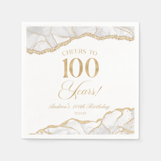 白エレガント金ゴールドアゲート100th誕生日パーティー スタンダードカクテルナプキン (正面)