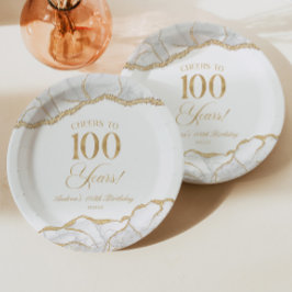 白エレガント金ゴールドアゲート100th誕生日パーティー ペーパープレート