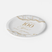 白エレガント金ゴールドアゲート100th誕生日パーティー ペーパープレート (アングル)