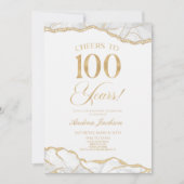 白エレガント金ゴールドアゲート100th誕生日パーティー 招待状 (正面)