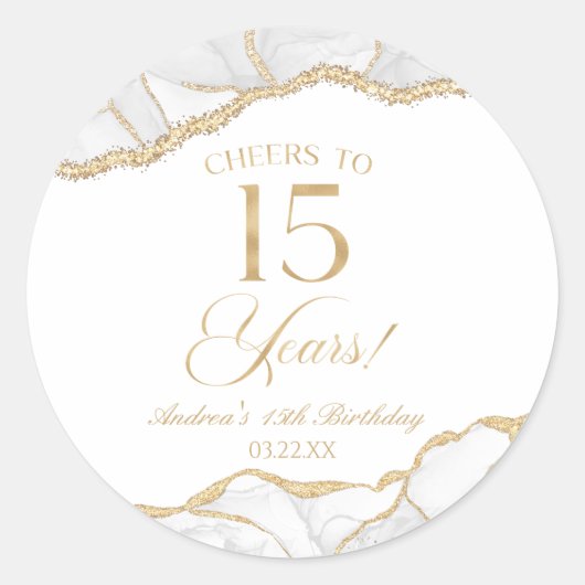 白エレガント金ゴールドアゲート15th誕生日パーティー ラウンドシール (正面)