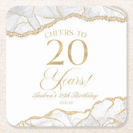 白エレガント金ゴールドアゲート20th誕生日パーティー スクエアペーパーコースター