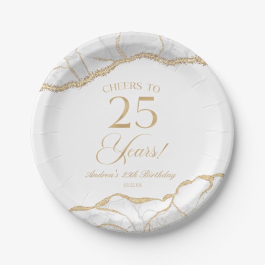 白エレガント金ゴールドアゲート25th誕生日パーティー ペーパープレート (正面)