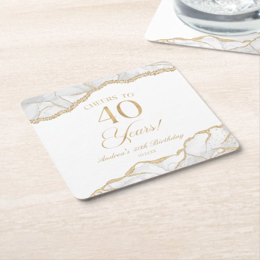 白エレガント金ゴールドアゲート40歳の誕生日パーティー スクエアペーパーコースター (アングル)