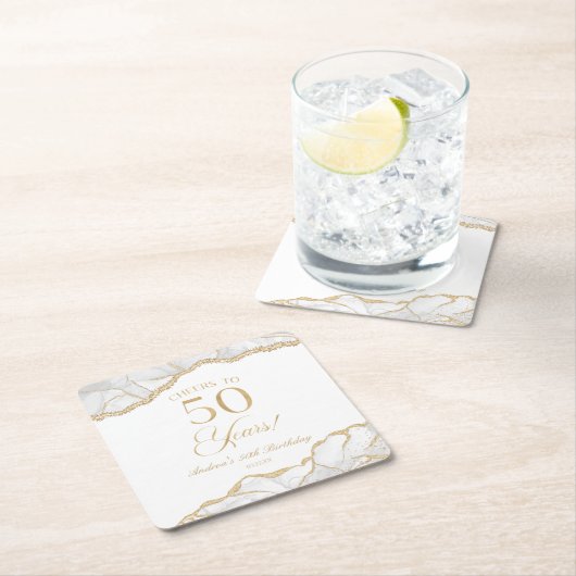 白エレガント金ゴールドアゲート50th誕生日パーティー スクエアペーパーコースター (インサイチュ)