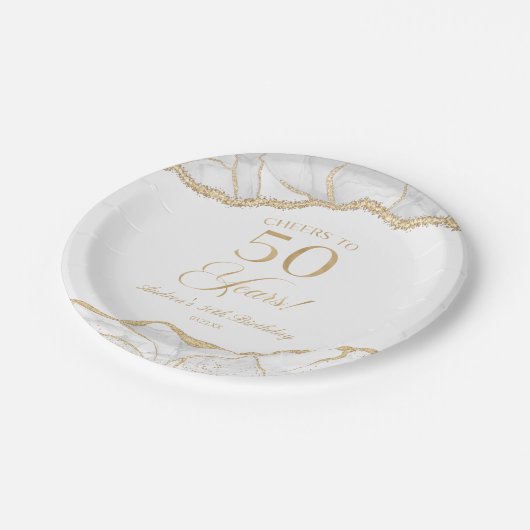 白エレガント金ゴールドアゲート50th誕生日パーティー ペーパープレート (アングル)