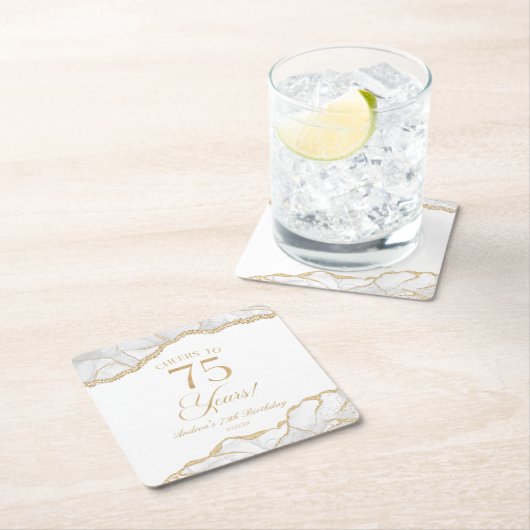 白エレガント金ゴールドアゲート75th誕生日パーティー スクエアペーパーコースター (インサイチュ)