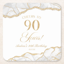 白エレガント金ゴールドアゲート90th誕生日パーティー スクエアペーパーコースター