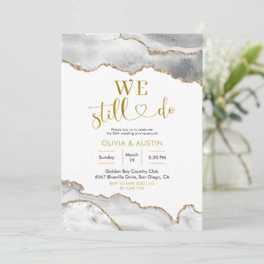 白エレガント金ゴールドア結婚ガテ記念日 招待状 (スタンド正面)