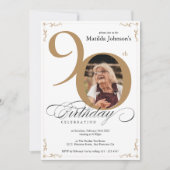 白エレガント金ゴールドカスタム写真第90誕生日 招待状 (正面)