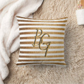 白エレガント金ゴールドグリッターストライプモノグラム クッション (ブランケット)