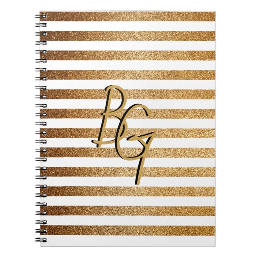 白エレガント金ゴールドグリッターストライプモノグラム ノートブック (正面)