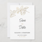 白エレガント金ゴールドシンプルフローラ日付の保存 招待状 (正面)