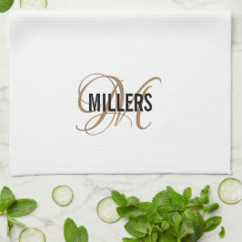 白エレガント金ゴールドスクリプトモノグラムファミリ名 キッチンタオル