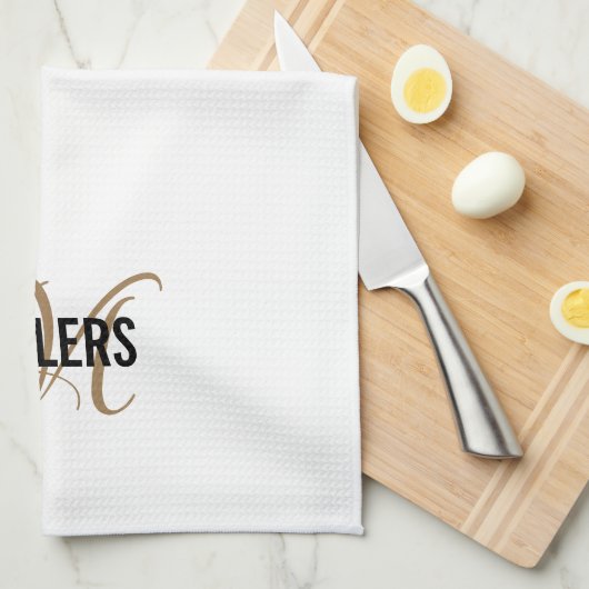 白エレガント金ゴールドスクリプトモノグラムファミリ名 キッチンタオル (四つ折り)