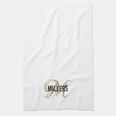 白エレガント金ゴールドスクリプトモノグラムファミリ名 キッチンタオル (縦)