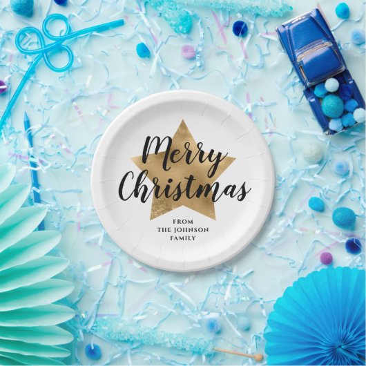 白エレガント金ゴールドスフェイクスターのメリークリスマス ペーパープレート (パーティー)