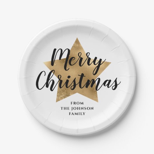 白エレガント金ゴールドスフェイクスターのメリークリスマス ペーパープレート (正面)