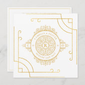 白エレガント金ゴールドス華美クエア結婚ズクラシック 招待状 (正面/裏面)