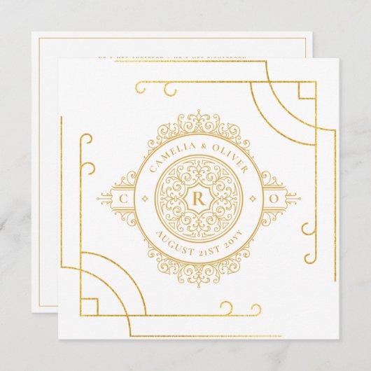 白エレガント金ゴールドス華美クエア結婚ズクラシック 招待状 (正面/裏面)
