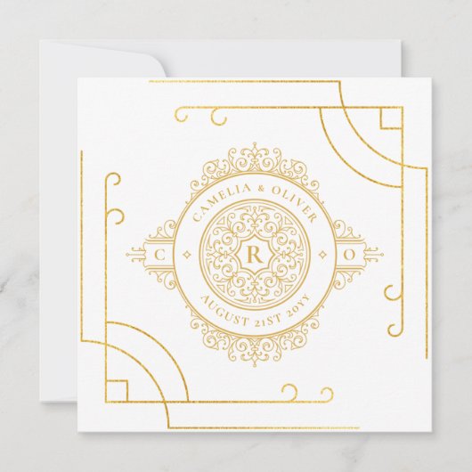白エレガント金ゴールドス華美クエア結婚ズクラシック 招待状 (正面)
