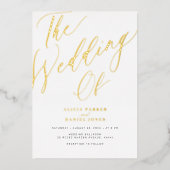 白エレガント金ゴールドタイポグラフィ結婚 箔招待状 (正面)