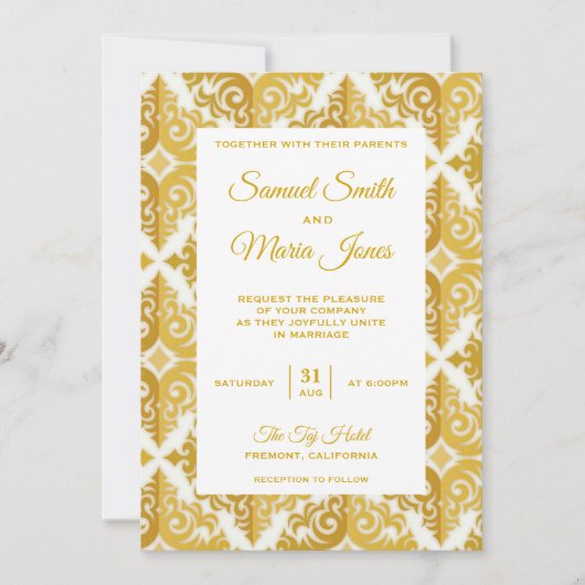 白エレガント金ゴールドダマスクウェディング招待状 招待状 (正面)