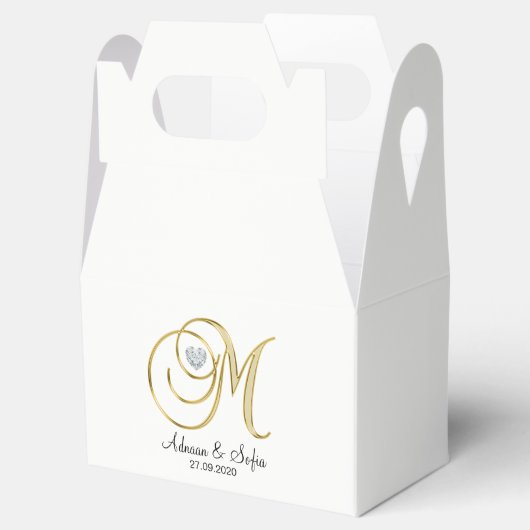 白エレガント金ゴールドハートモノグラムM結婚の贈り物 フェイバーボックス (オープン)