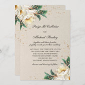 白エレガント金ゴールドバラ結婚フローラ 招待状 (正面/裏面)