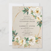白エレガント金ゴールドバラ結婚フローラ 招待状 (正面)