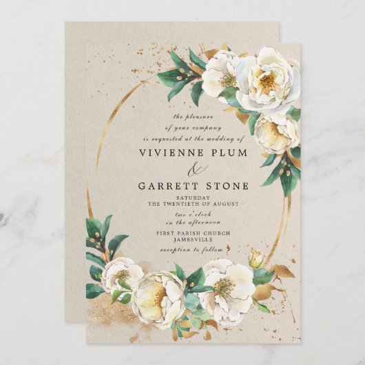 白エレガント金ゴールドバラ結婚フローラ 招待状 (正面/裏面)