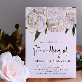 白エレガント金ゴールドバラQRコー結婚ド 招待状