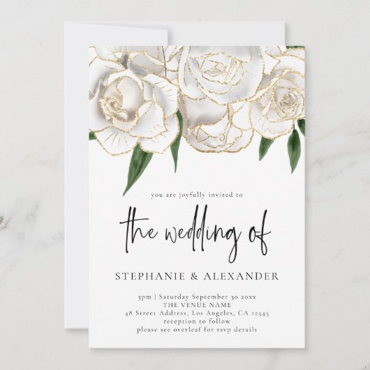 白エレガント金ゴールドバラQRコー結婚ド 招待状 (正面)