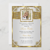 白エレガント金ゴールドパールダマスクフォト誕生日2 招待状 (正面)