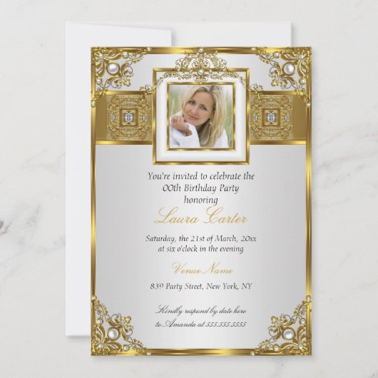 白エレガント金ゴールドパールダマスクフォト誕生日2 招待状 (正面)
