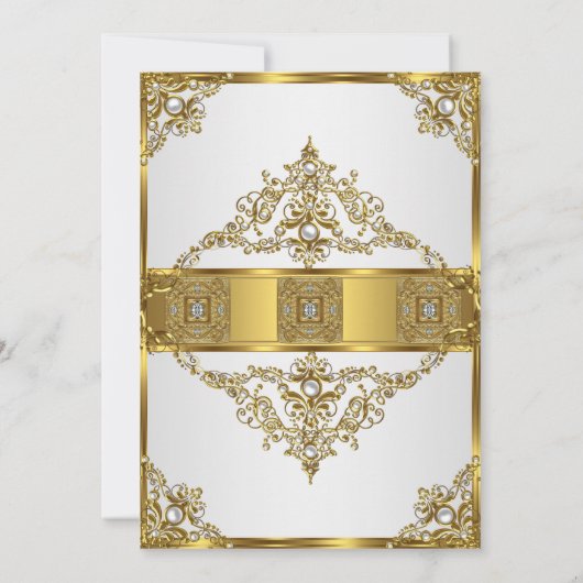 白エレガント金ゴールドパールダマスクフォト誕生日2 招待状 (裏面)