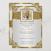 白エレガント金ゴールドパールダマスクフォト誕生日2 招待状 (正面/裏面)