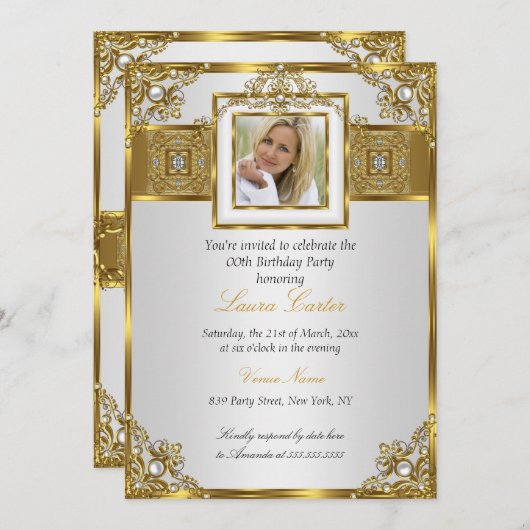白エレガント金ゴールドパールダマスクフォト誕生日2 招待状 (正面/裏面)