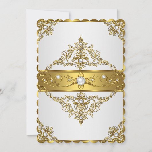 白エレガント金ゴールドパールダマスクフォト誕生日3 招待状 (裏面)