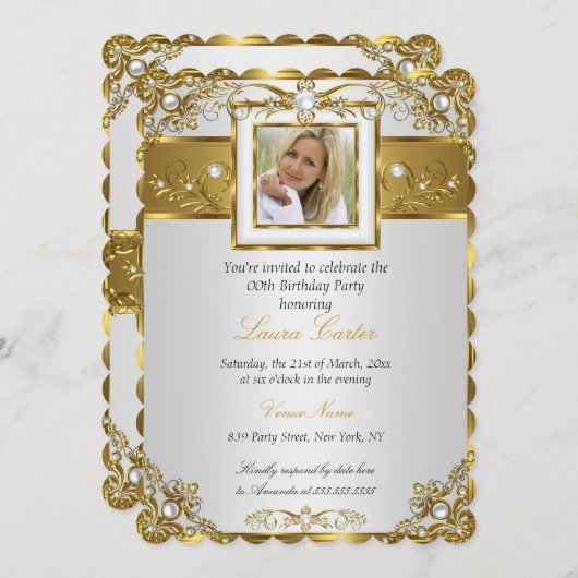白エレガント金ゴールドパールダマスクフォト誕生日3 招待状 (正面/裏面)