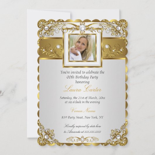 白エレガント金ゴールドパールダマスクフォト誕生日3 招待状 (正面)