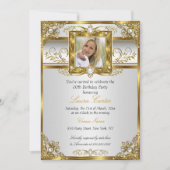 白エレガント金ゴールドパールダマスクフォト誕生日4 招待状 (正面)