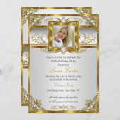白エレガント金ゴールドパールダマスクフォト誕生日4 招待状 (正面/裏面)