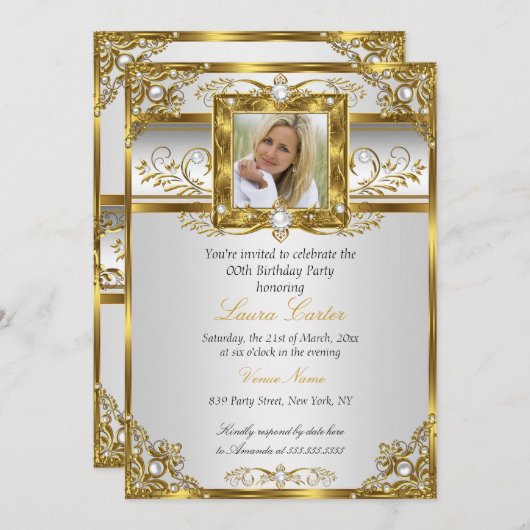 白エレガント金ゴールドパールダマスクフォト誕生日4 招待状 (正面/裏面)