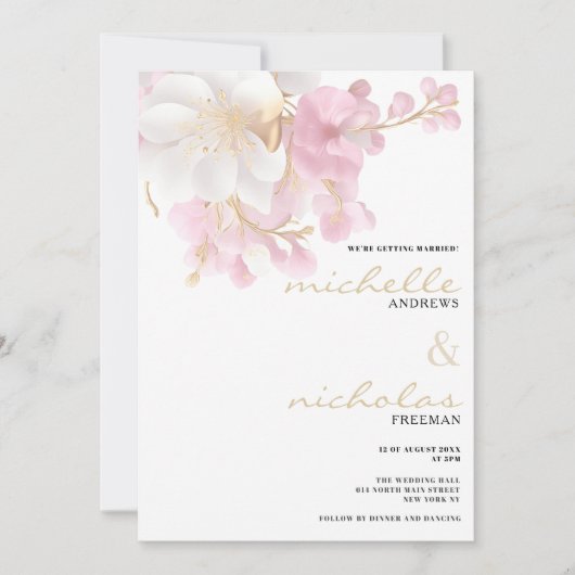 白エレガント金ゴールドピンクグリッター結婚フローラ 招待状 (正面)