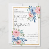 白エレガント金ゴールドピンク青フローラ結婚 招待状 (正面)