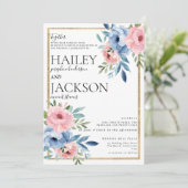 白エレガント金ゴールドピンク青フローラ結婚 招待状 (スタンド正面)