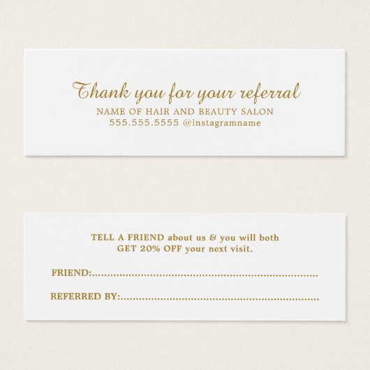 白エレガント金ゴールドフェイク美しいサロン紹介カード (正面&裏面)