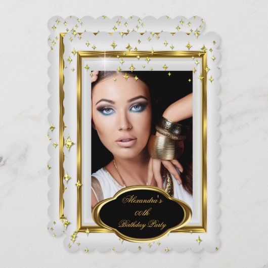 白エレガント金ゴールドフォトバースデーパーティー3 招待状 (正面/裏面)